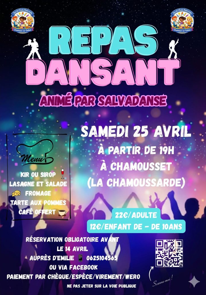 Repas dansant au profit du sou des écoles le samedi 25 avril à partir de 19h à la salle la chamoussarde à chamousset